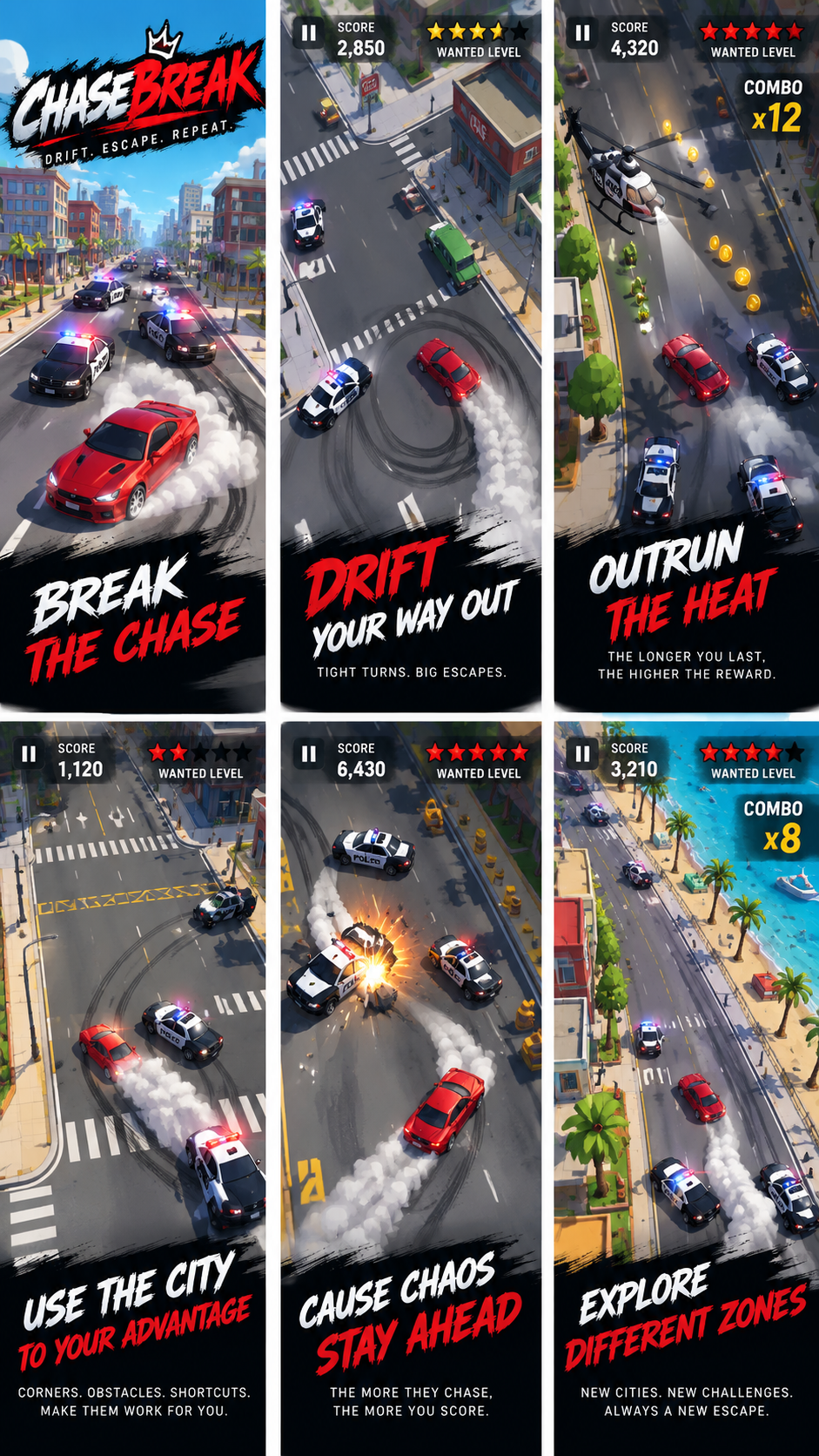 Chasebreak gameplay: a red sports car drifting and escaping from police cruisers across city, coastal and chaos scenes