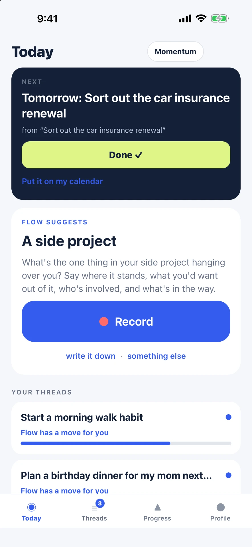 Flowthread Today screen showing the next move, a suggestion and your threads