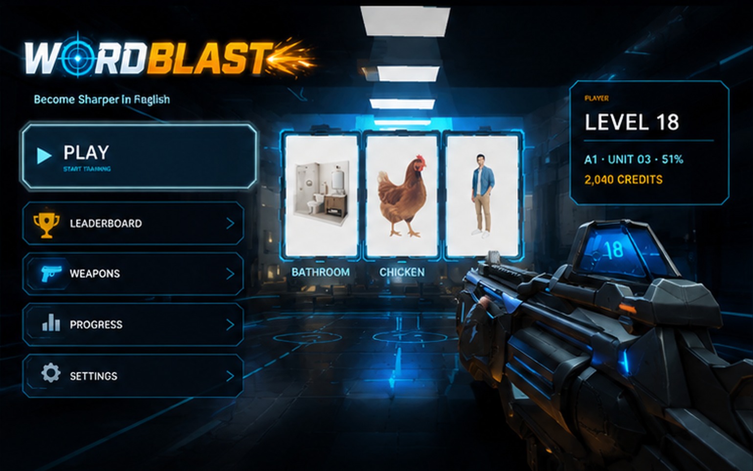 WordBlast gameplay: an English word prompt with visual cards on a futuristic training range